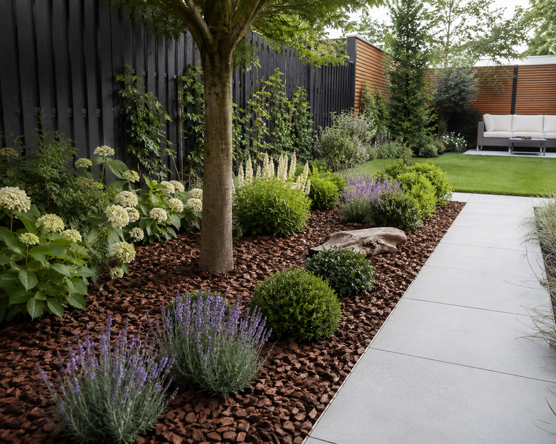 voorbeeldtuin met boomschors