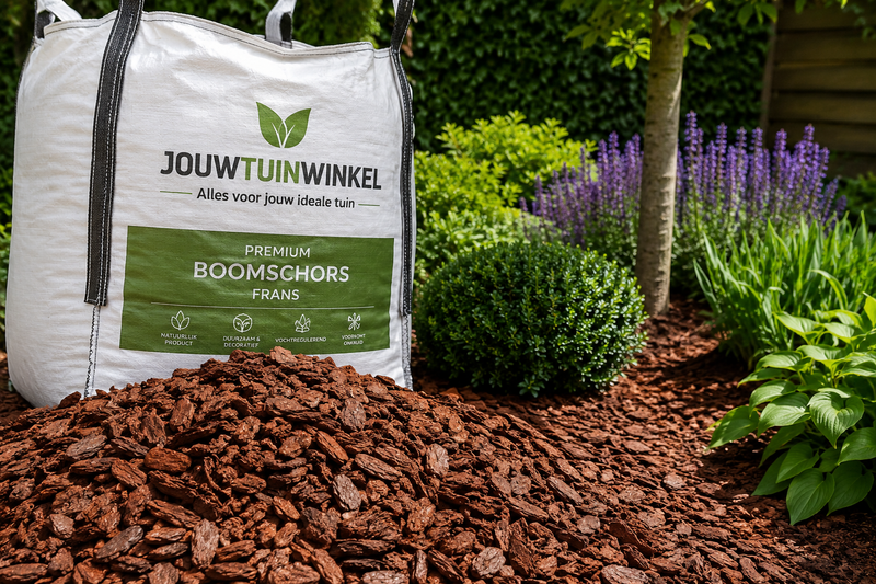 Frans boomschors als bodembedekker in onderhoudsvriendelijke tuinborder