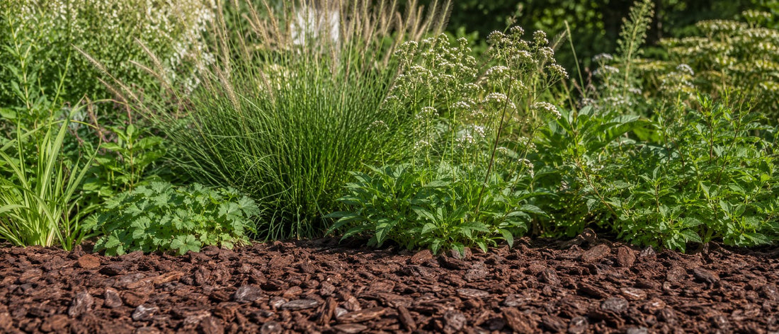 Border met een verse laag boomschors tussen vaste planten tijdens een droge zomer.
