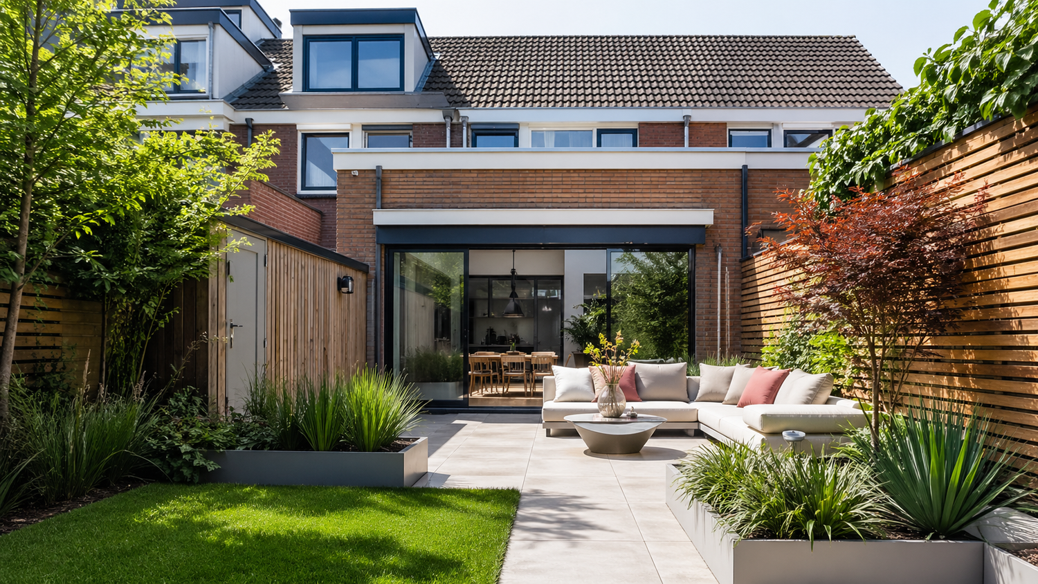 Moderne gezinstuin in Utrecht met bestrating en borders